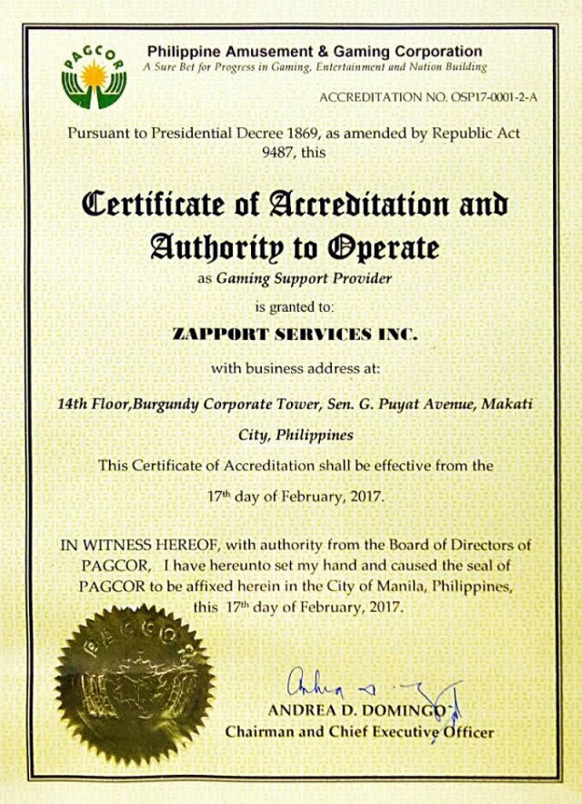 Nhà cái đã được cấp giấy chứng nhận hoạt động PAGCOR